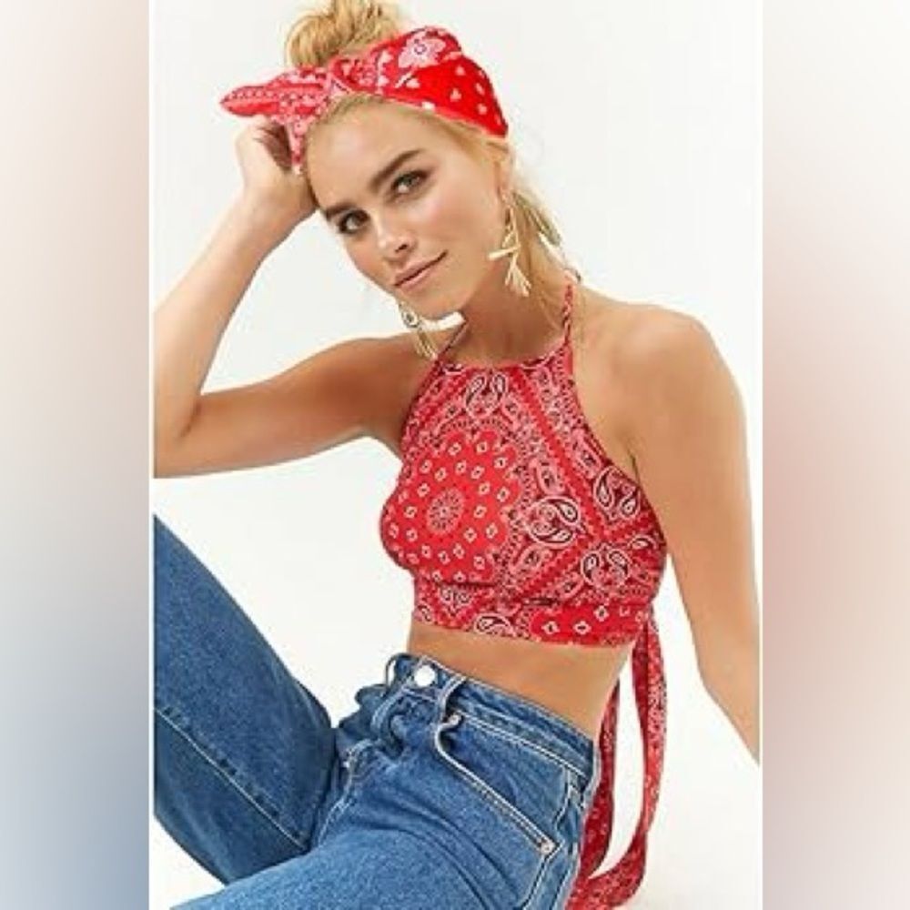 Women's Red Bandana Halter Cropped Top - One Size
